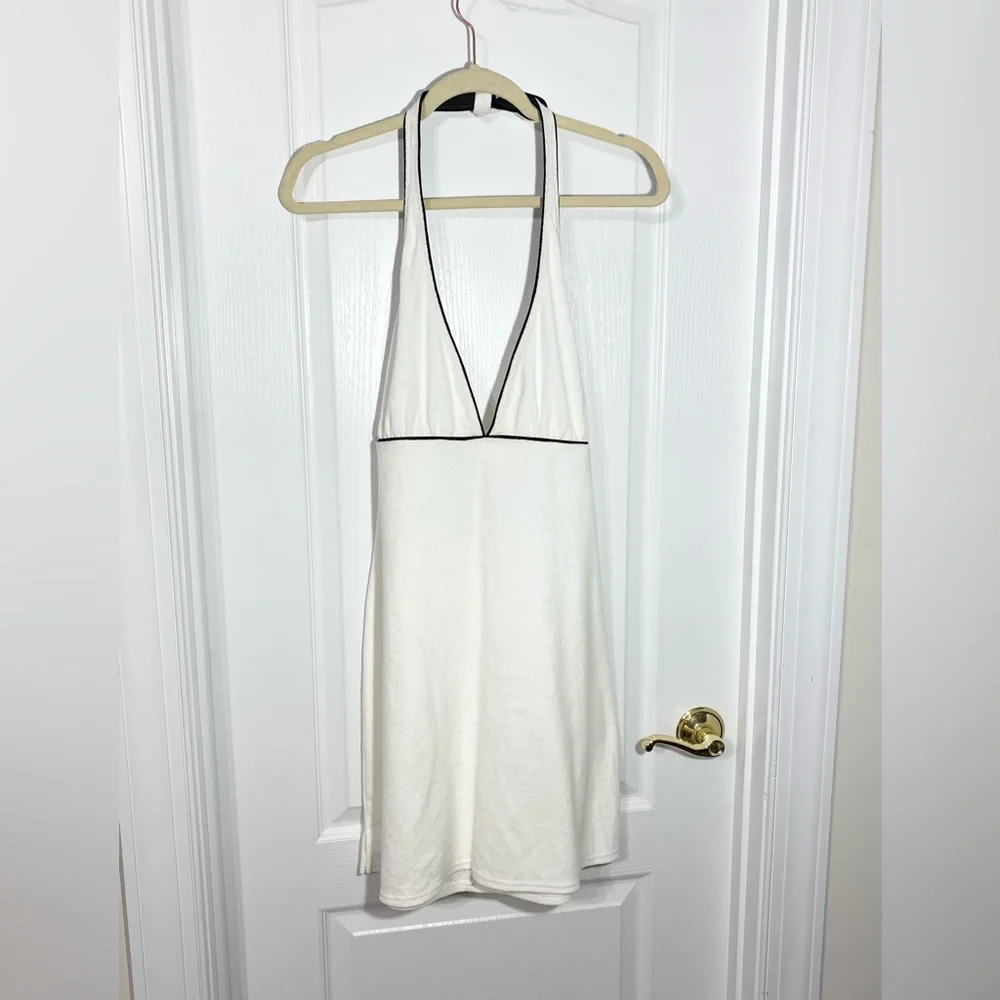 NEW Y2K Terrycloth Halter Swim Coverup Dress White w/ Black Piping Medium